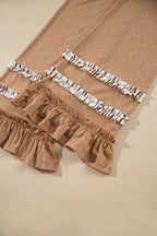 Gray Stripe V Neck Ruffle Contrast Sleeve Top Drawstring Pants 2pcs Set