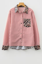 Black Striped Leopard Print Patchwork Button Up Womens Shirt