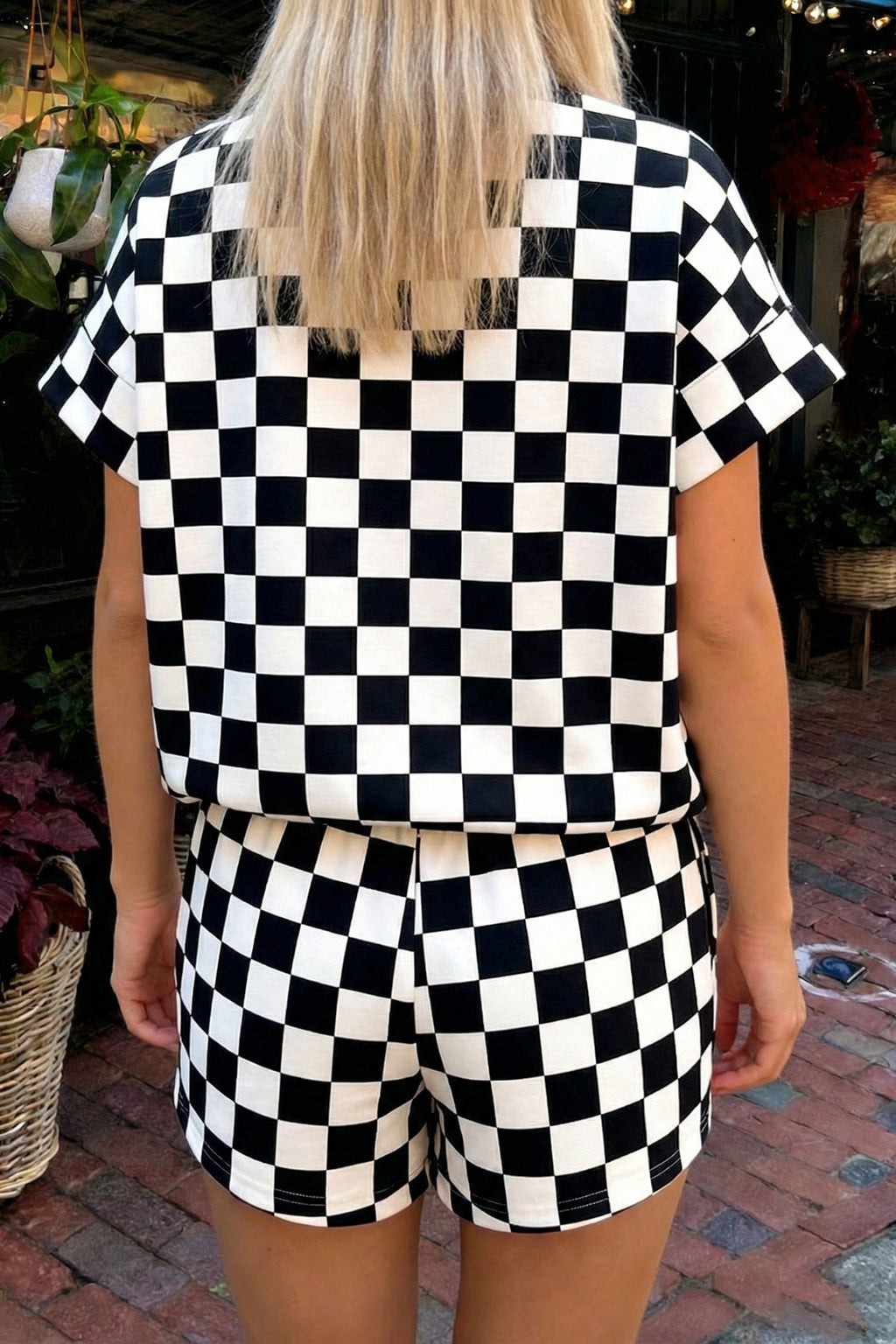 Pink Checkered Print Color Block Trim Mock Neck Short Set