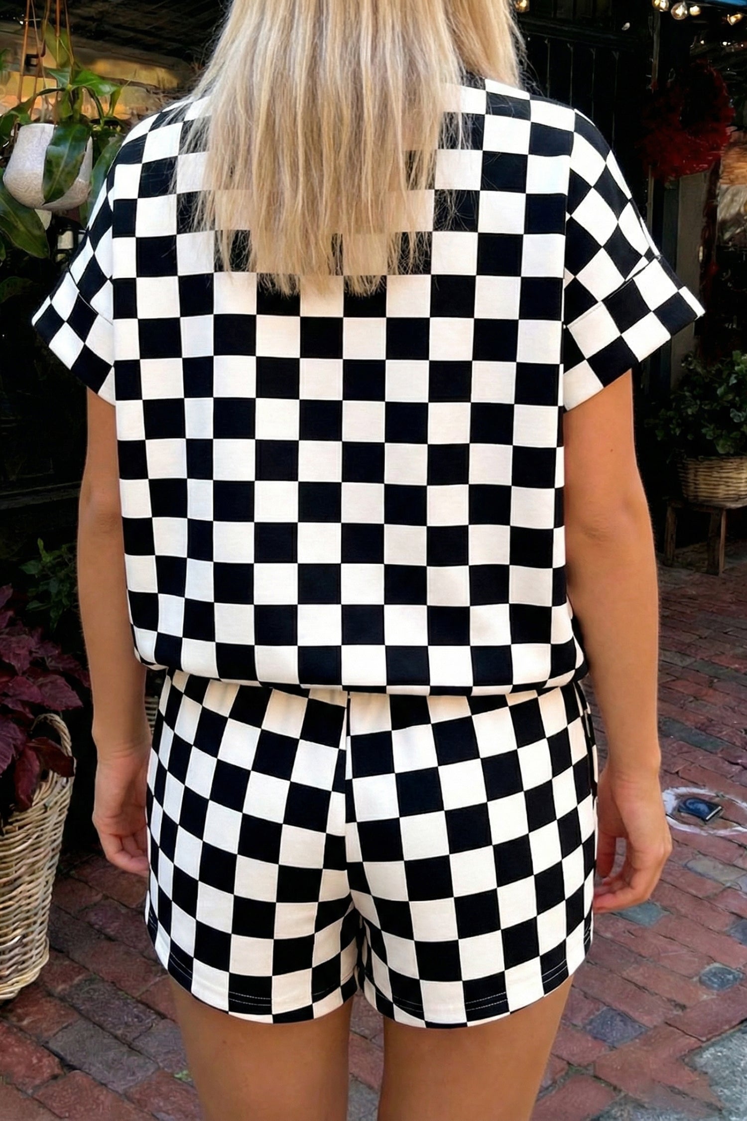 Pink Checkered Print Color Block Trim Mock Neck Short Set