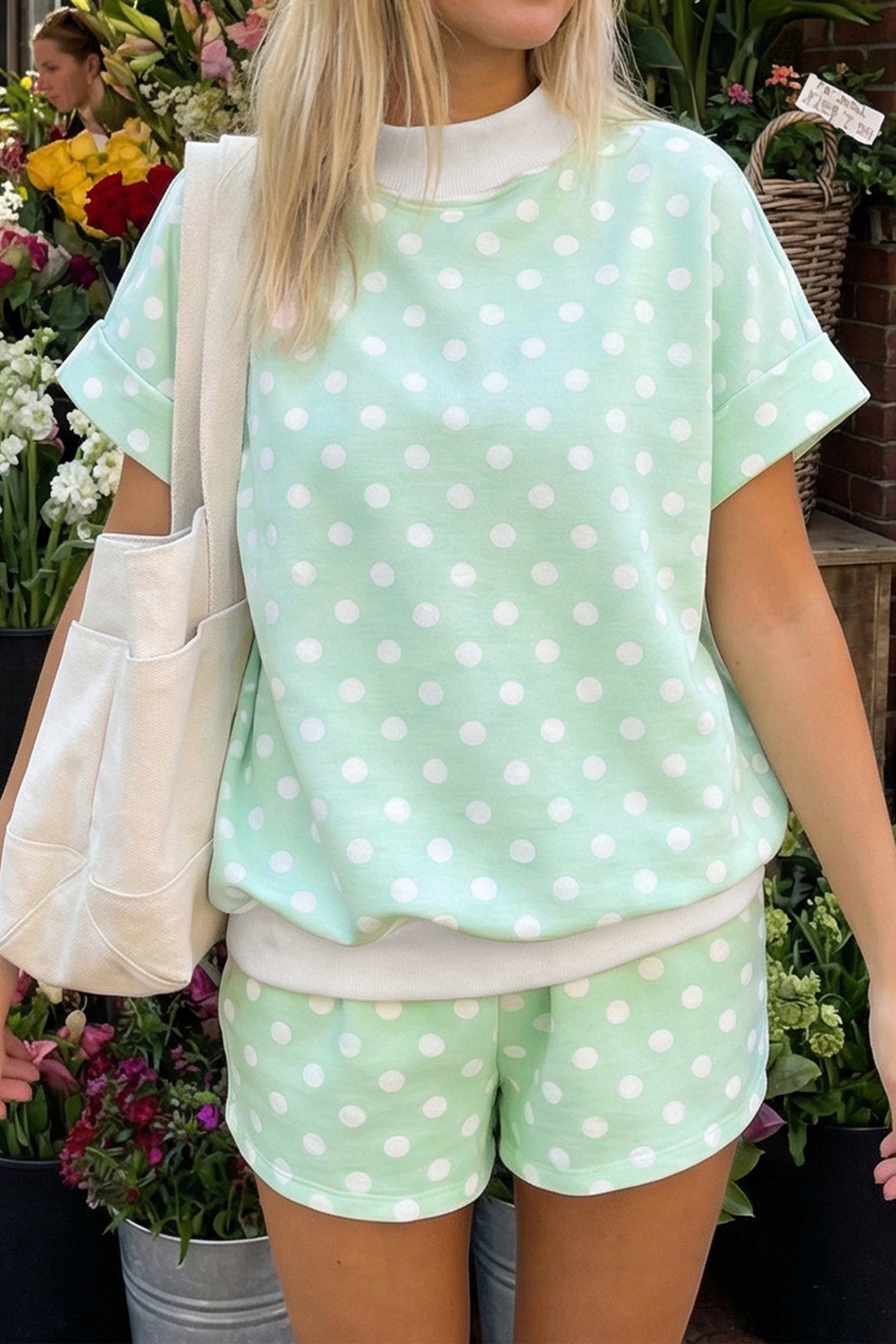 Yellow Polka Dot Print Color Block Trim Mock Neck Short Set