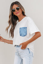 Sail Blue Color Block Chest Pocket Patched Casual Short Sleeve Top
