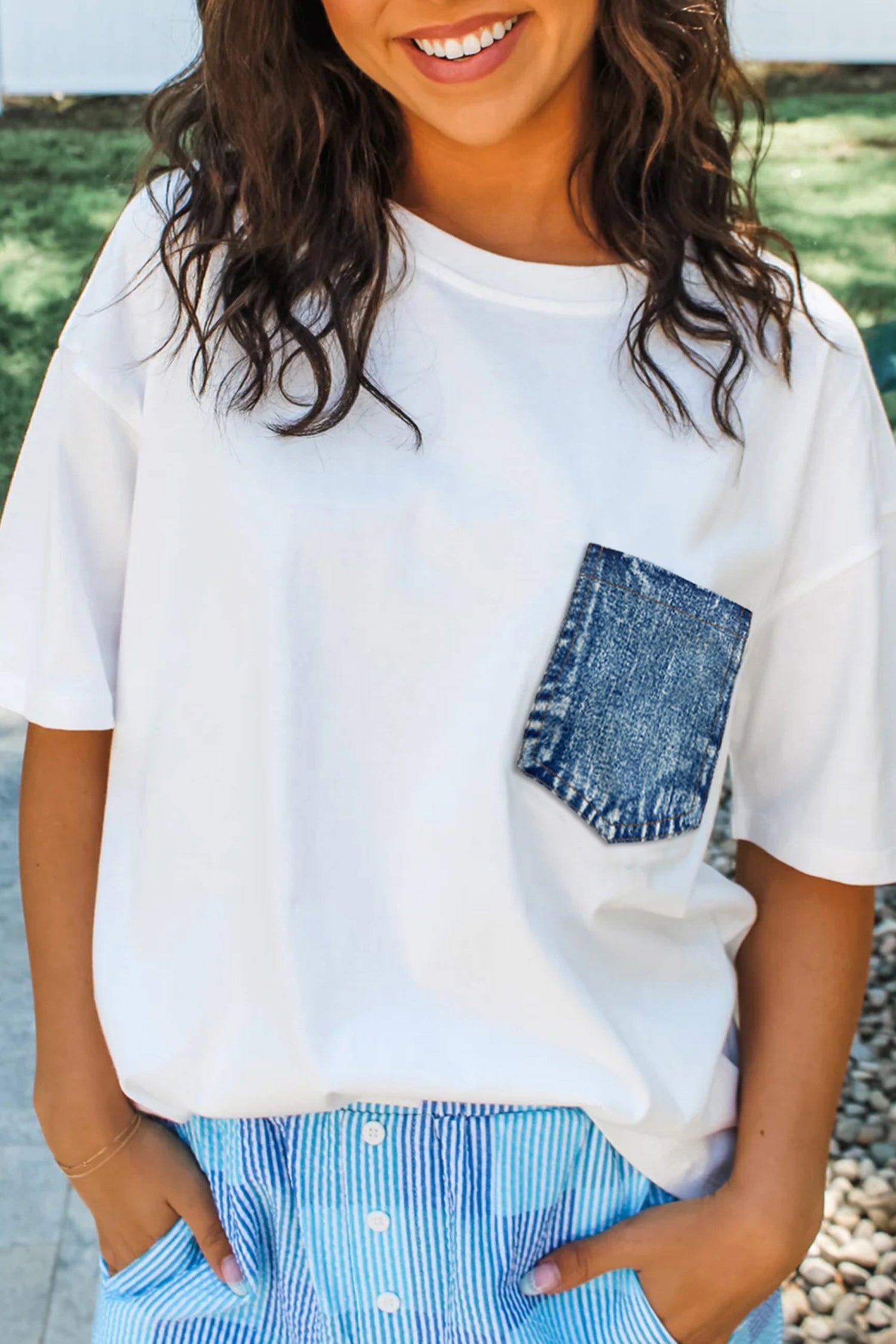 Sail Blue Color Block Chest Pocket Patched Casual Short Sleeve Top