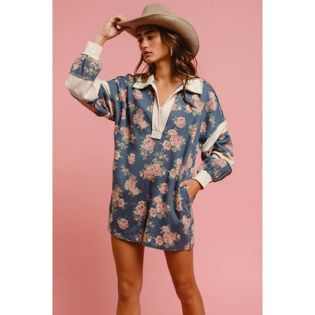 WASHED FLORAL DENIM ROMPER WITH CONTRAST COLLAR