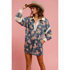 WASHED FLORAL DENIM ROMPER WITH CONTRAST COLLAR