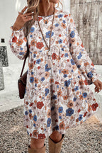 Khaki Tiered Floral Round Neck Ruffled Long Sleeve Dress