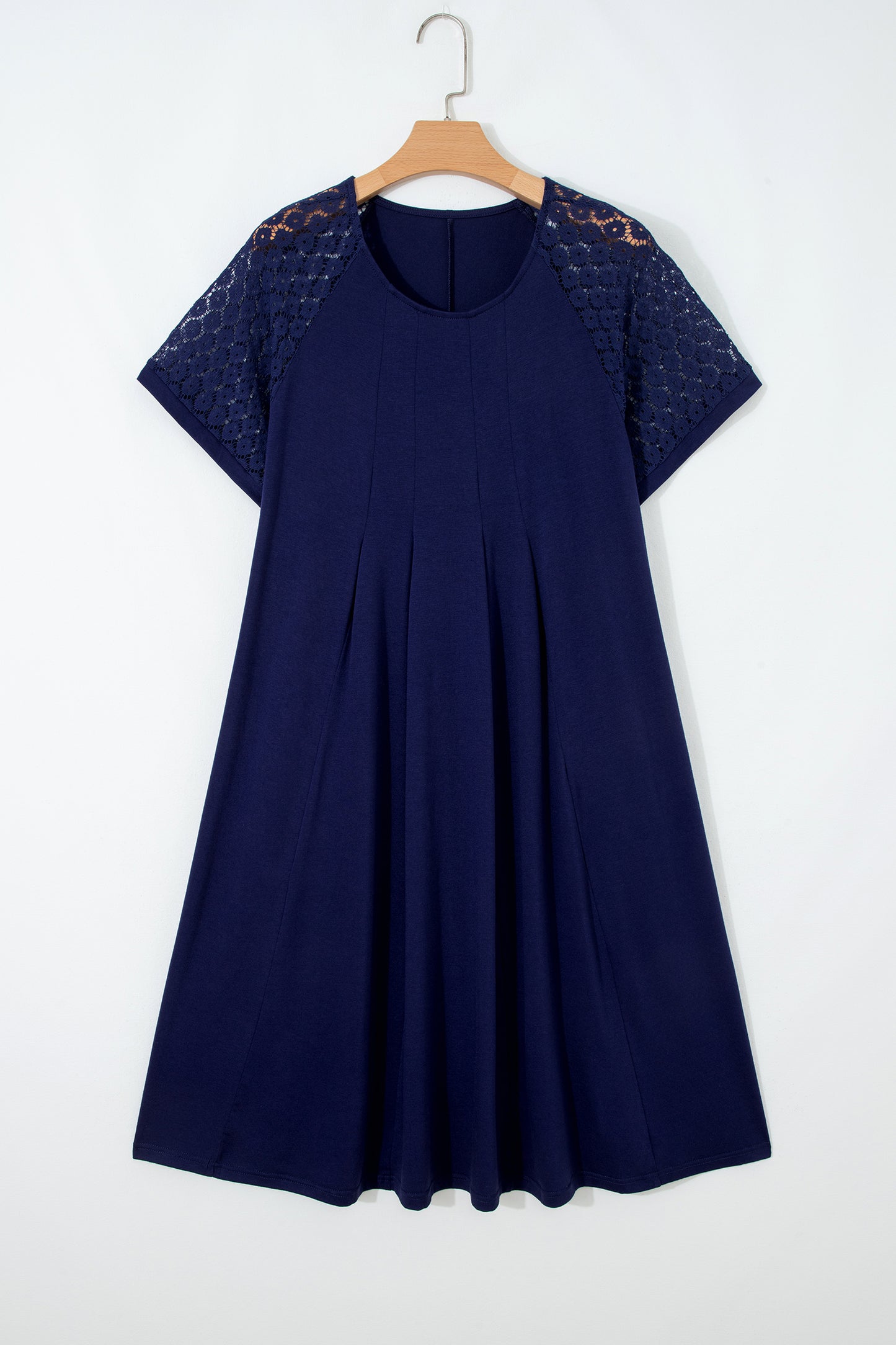 Navy Blue Plus Size Solid Color Lace Short Sleeve Pleated Swing Dress