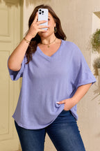 Wisteria V Neck Short Sleeve Plus Size Waffle Knit Top