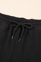 Black Textured Ruffled Sleeve Zipped Top and Wide Leg Pants Set