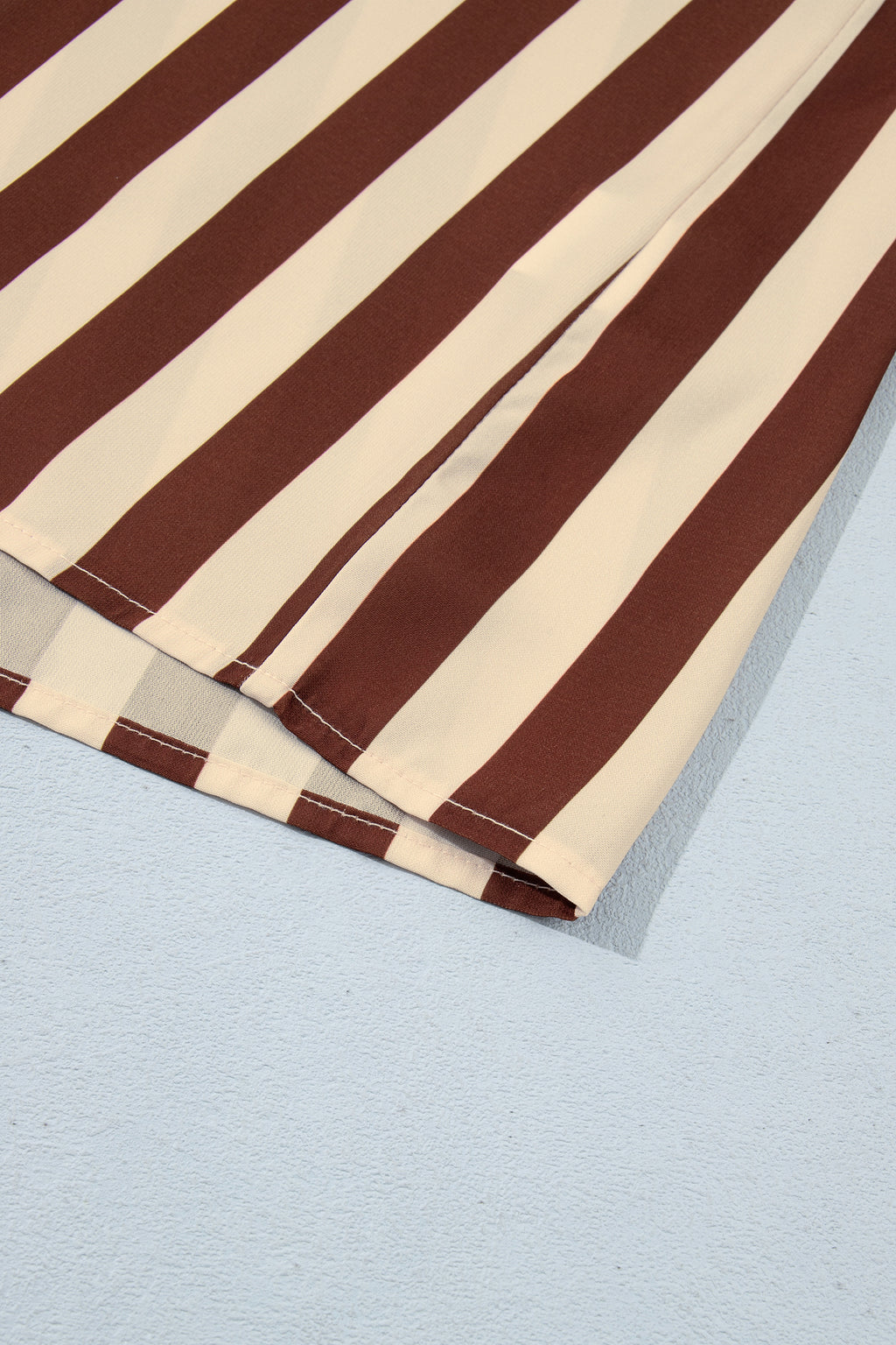 Brown Stripe V Neck Half Sleeve Casual Blouse