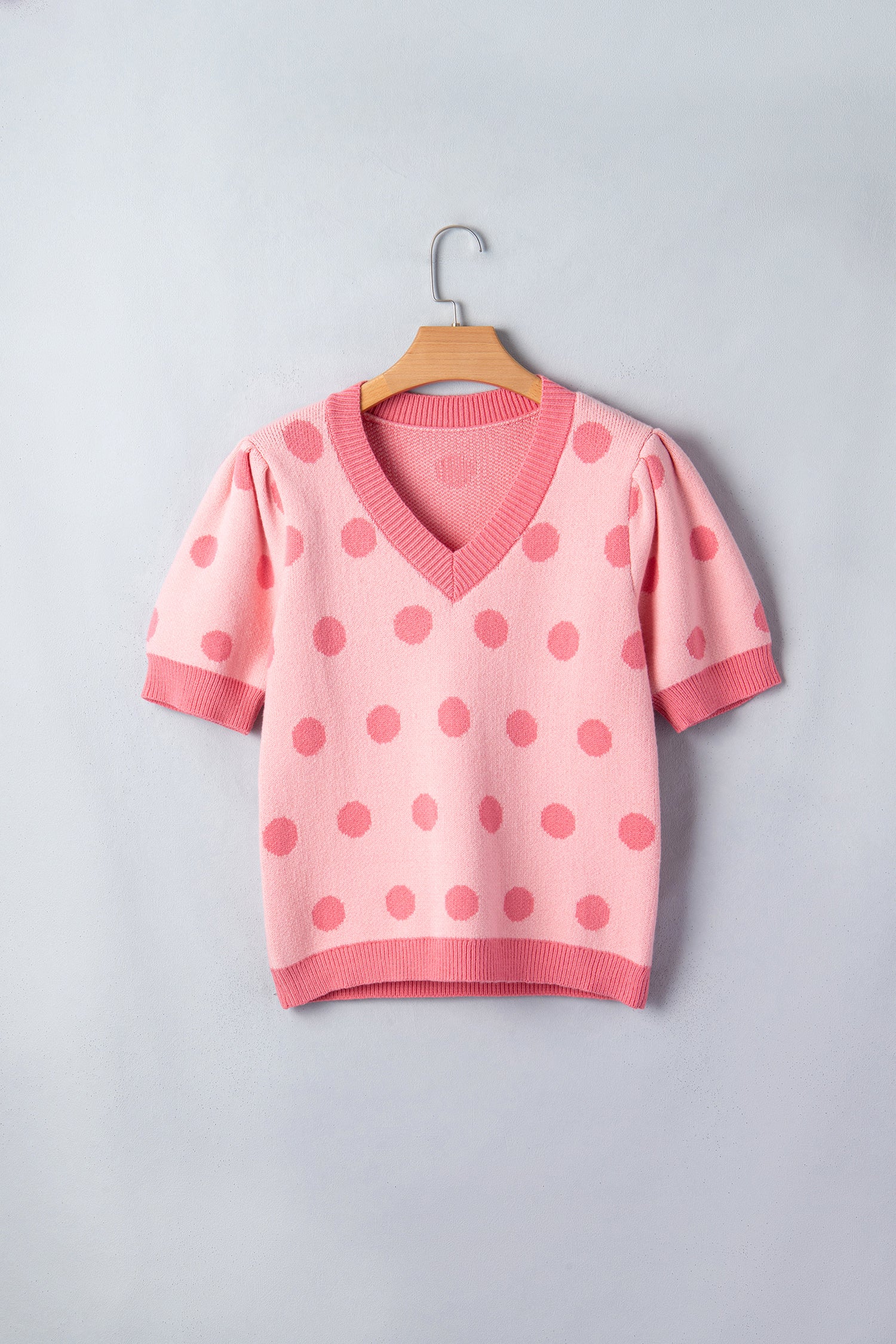 Rose Red Polka Dot Puff Short Sleeve Sweater Top