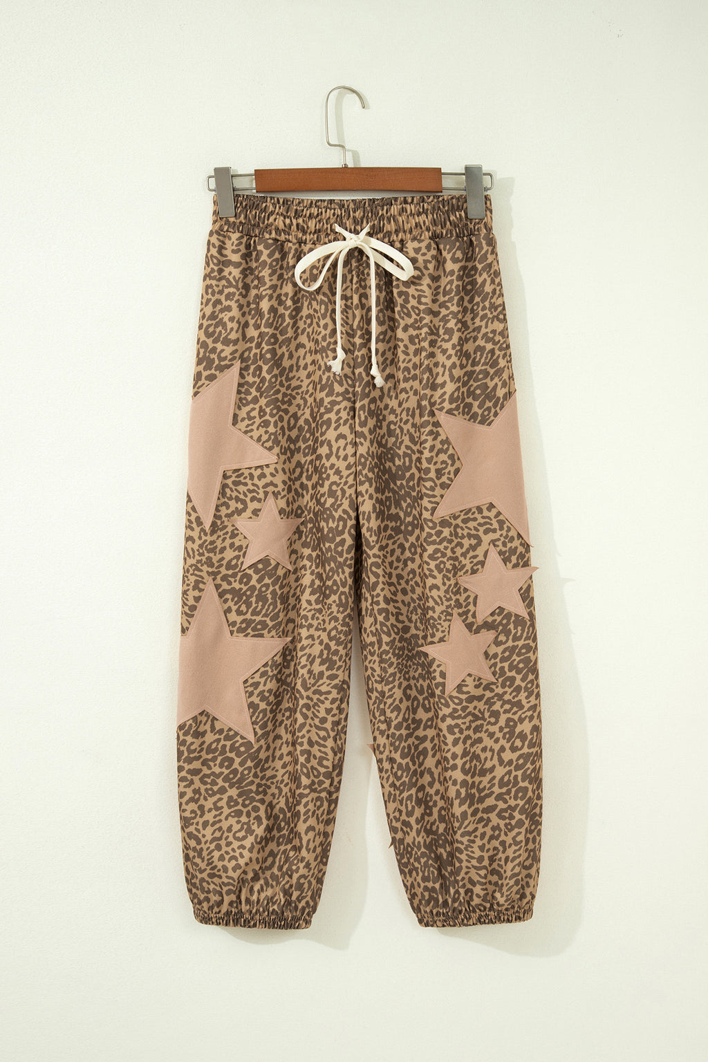 Gray Leopard Print Star Patched Drawstring Elastic Waist Jogger Pants
