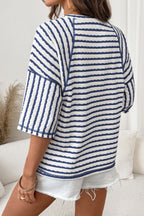 Pink Stripe Textured Knit Split Hem Half Sleeve Loose Top