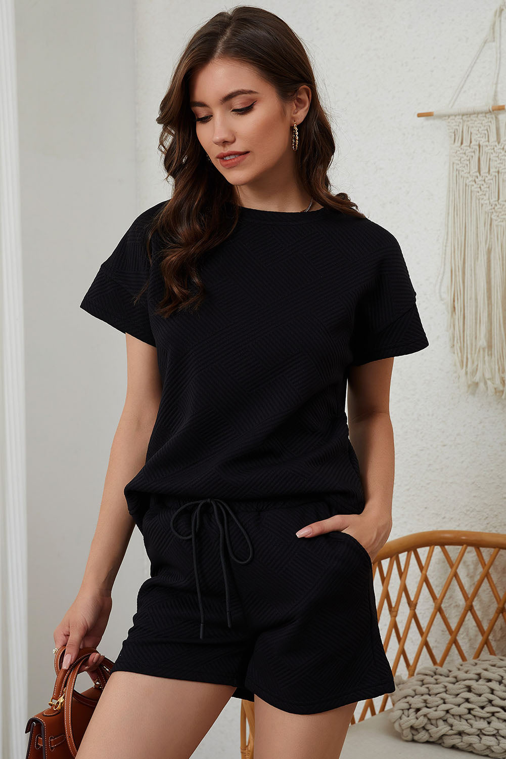 Solid Textured Drawstring Shorts Set