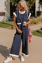 Black Color Block Pocketed T Shirt and Wide Leg Pants Set
