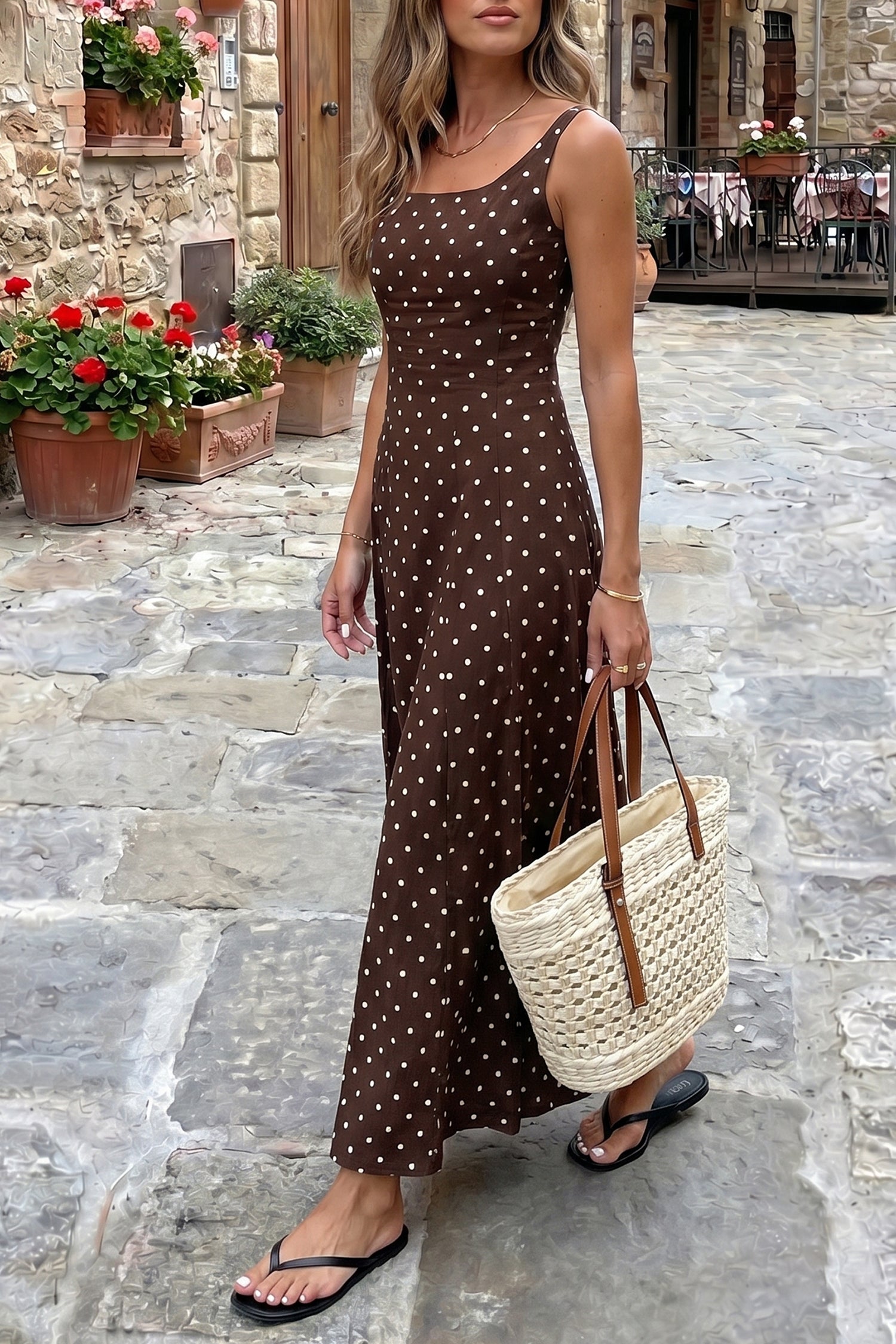 Brown Polka Dot Print Square Neck Sleeveless Vacation Long Dress
