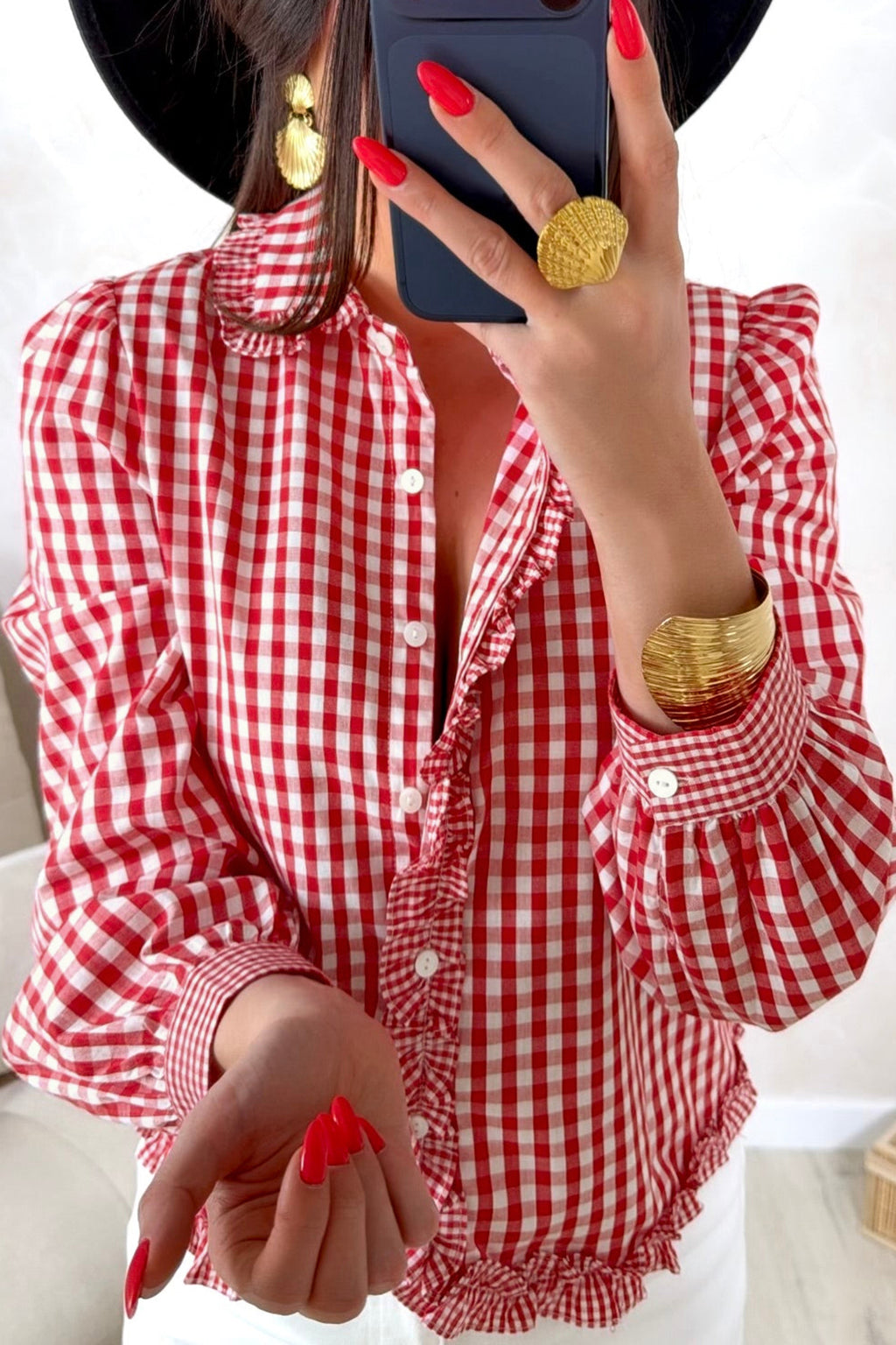 Red Plaid Long Sleeve Button Down Frill Detail Casual Shirt