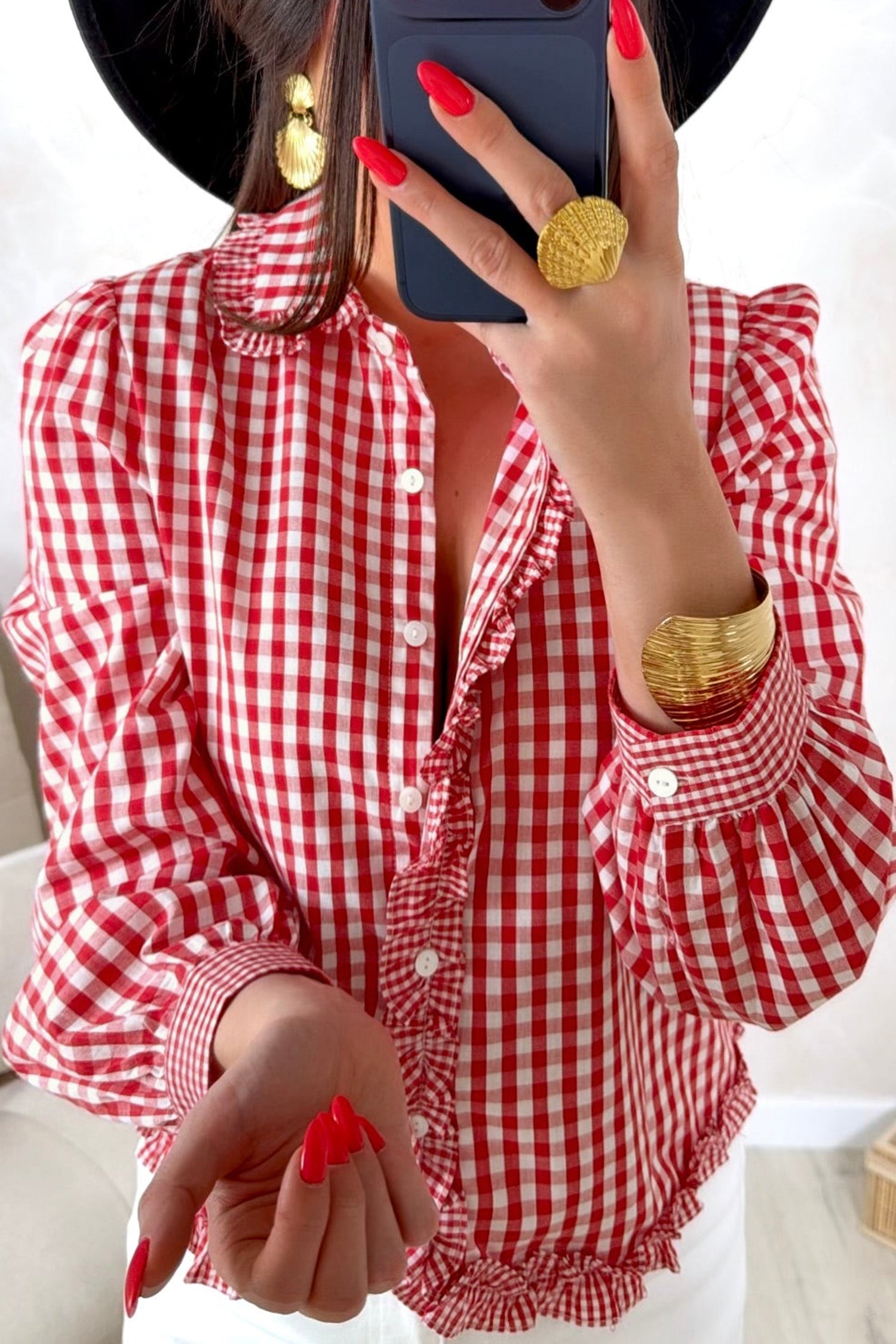 Red Plaid Long Sleeve Button Down Frill Detail Casual Shirt