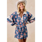 WASHED FLORAL DENIM ROMPER WITH CONTRAST COLLAR