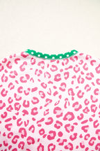 Pink Leopard Polka Dot Colorblock Trim Long Sleeve Top