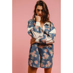 WASHED FLORAL DENIM ROMPER WITH CONTRAST COLLAR