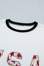 White USA Sequin Color Block Trim Loose T Shirt