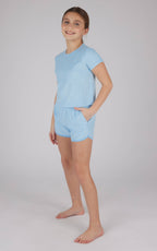 Girls terry towel short sleeve top and matching shorts 2-piece set by 90 Degree by Reflex and Yogalicious, featuring a delicate daisy pattern.