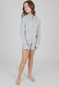 Tween girls Heather velour hoodie and shorts set by 90 Degree by Reflex and Yogalicious, featuring a soft grey fabric and comfortable fit.