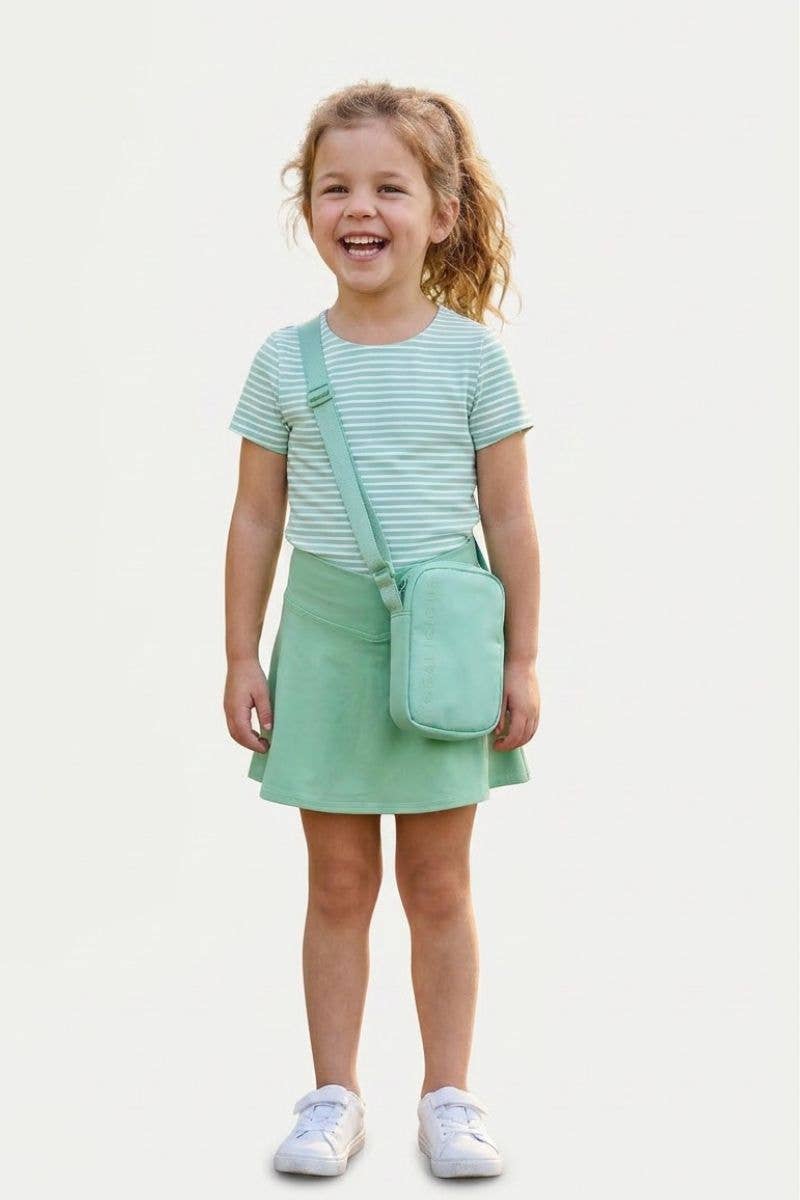 Little girls pink lavender short sleeve tee, crossover skort, and fanny bag by 90 Degree by Reflex and Yogalicious.