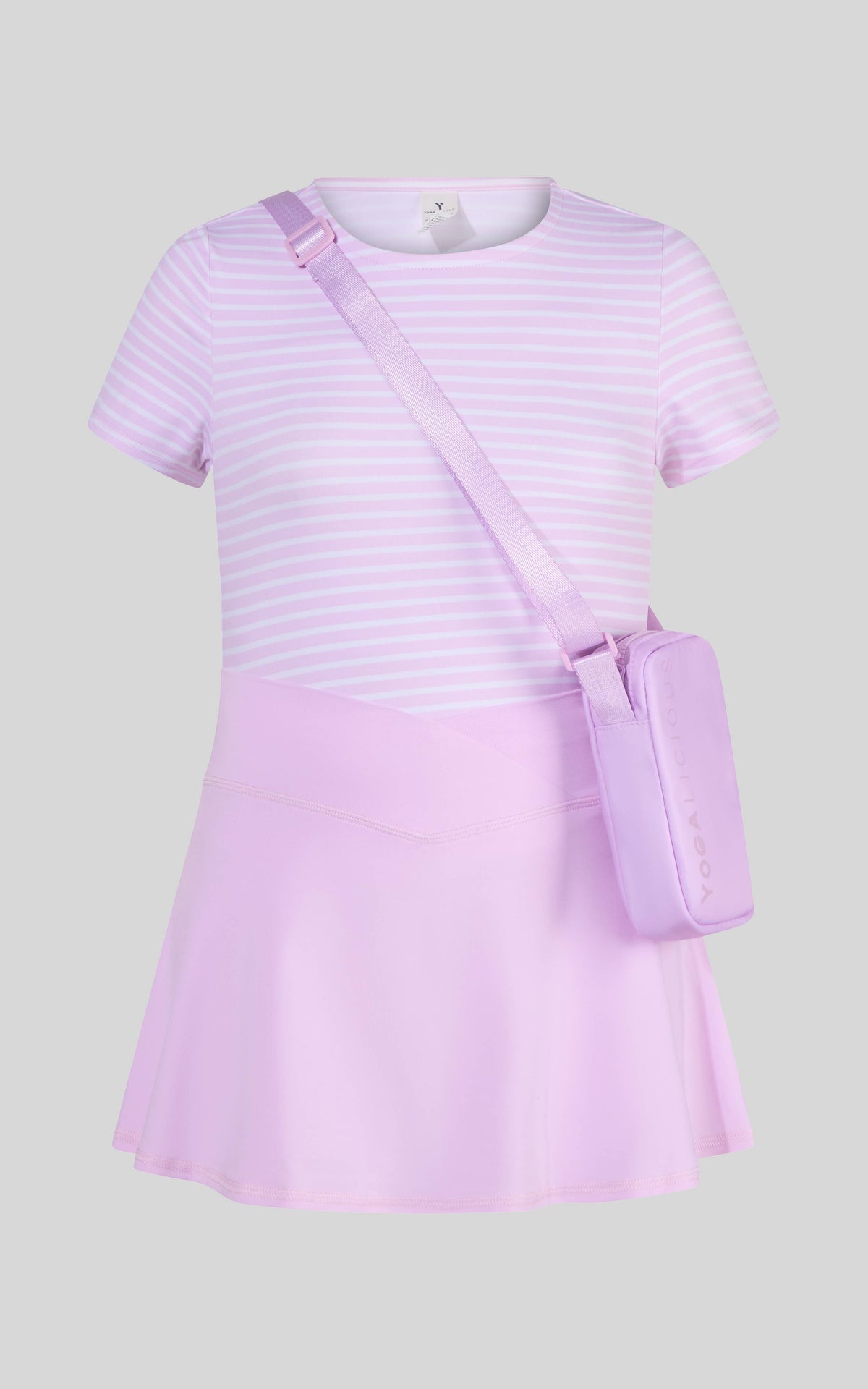 Little girls pink lavender short sleeve tee, crossover skort, and fanny bag from 90 Degree by Reflex and Yogalicious.