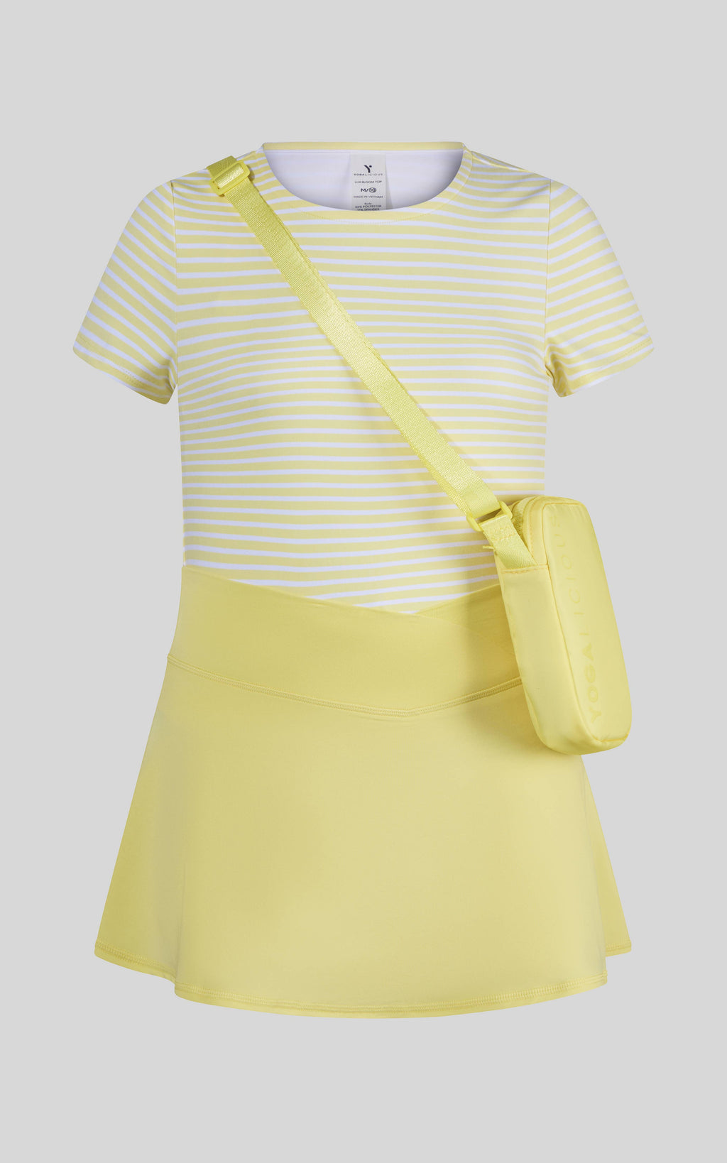 Little girls pink lavender short sleeve tee, crossover skort, and fanny bag by 90 Degree by Reflex and Yogalicious.