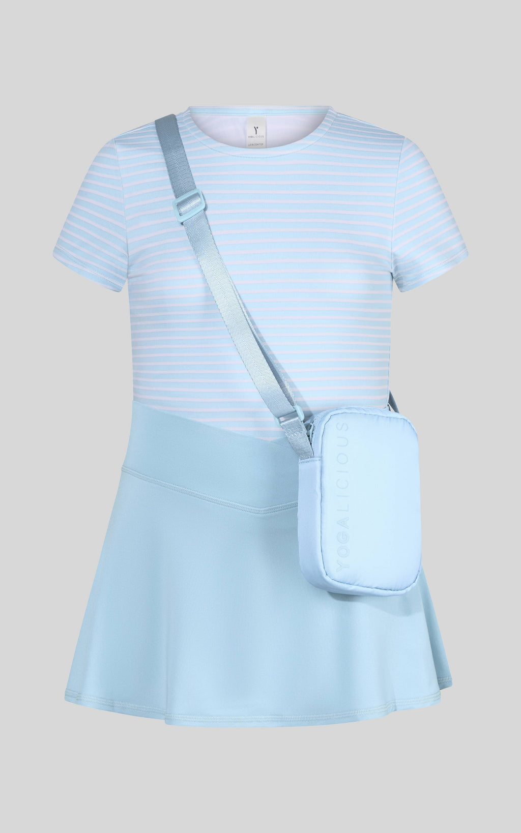 Little girls pink and lavender short sleeve tee, crossover skort, and fanny bag set by 90 Degree by Reflex and Yogalicious.