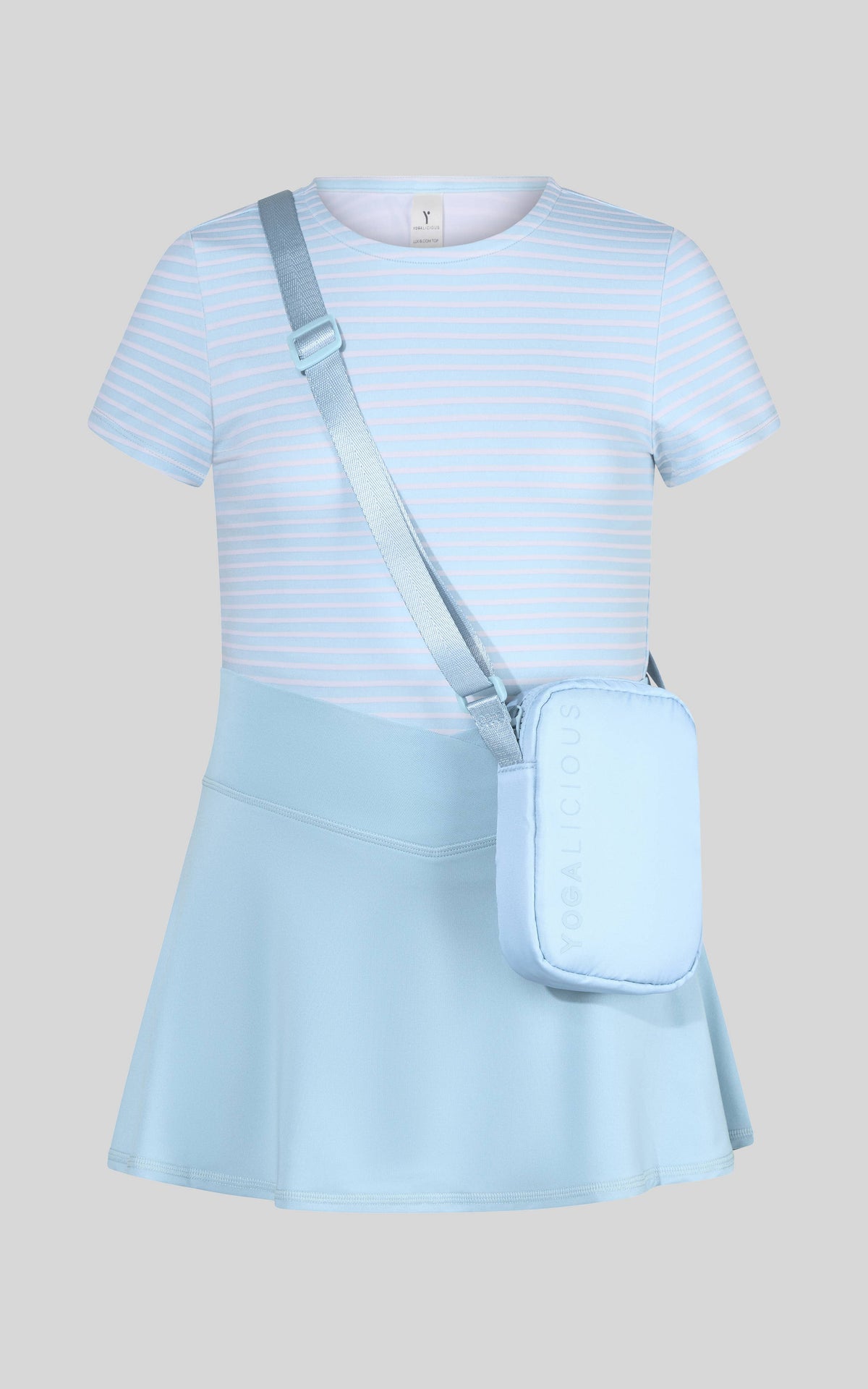 Little girls pink and lavender short sleeve tee, crossover skort, and fanny bag set by 90 Degree by Reflex and Yogalicious.