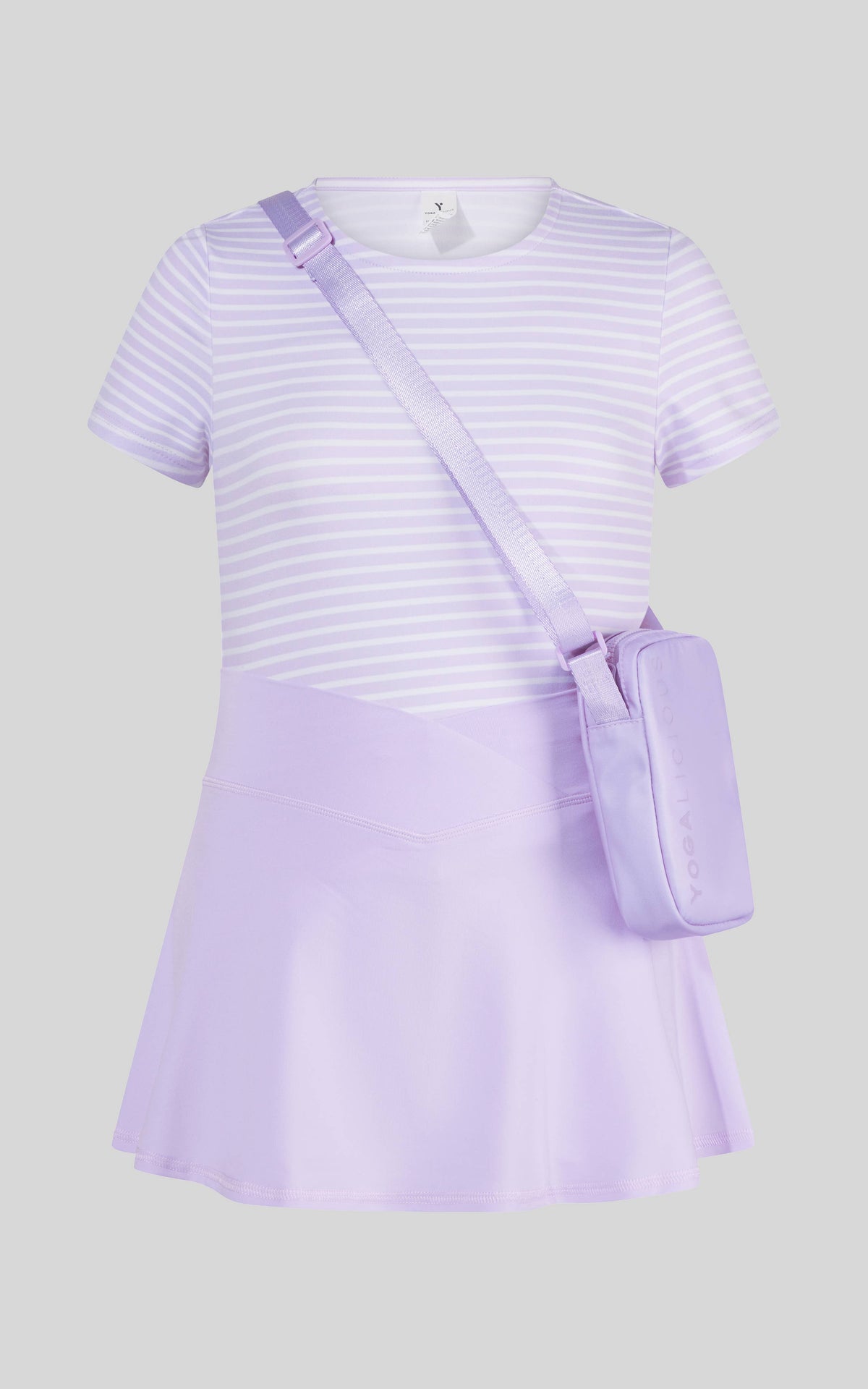 Little girls' pink lavender short sleeve tee, crossover skort, and fanny bag by 90 Degree by Reflex and Yogalicious, casual kids' outfit.
