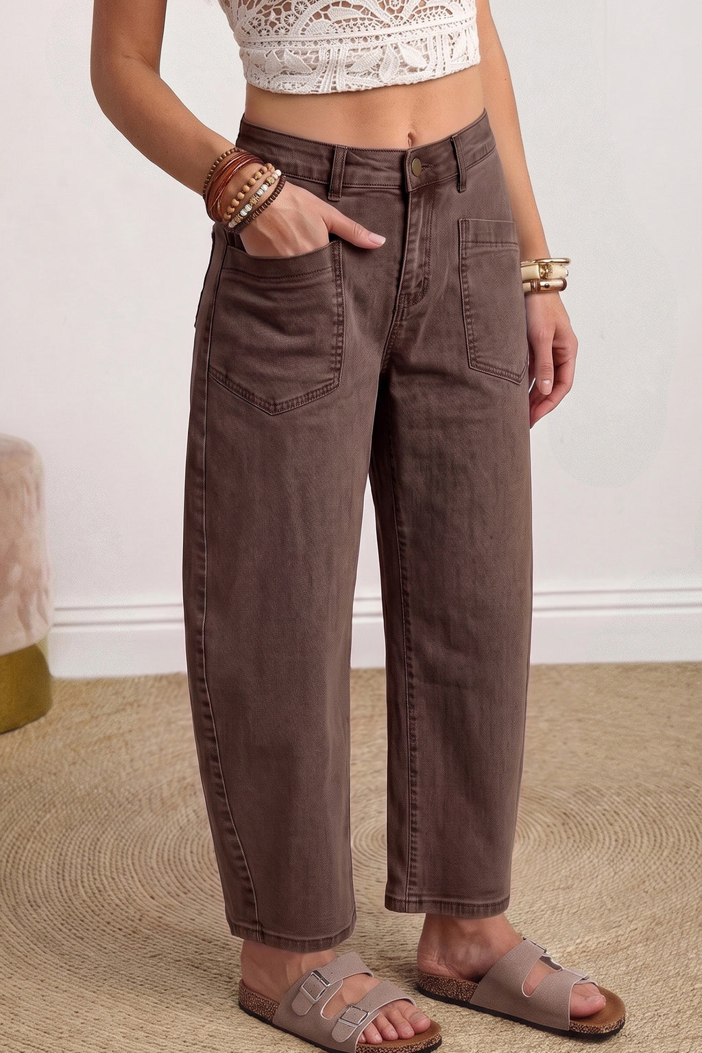 Coffee Solid Color Square Patch Pocket Ankle-length Barrel Jeans
