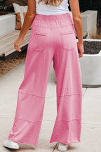 Bonbon Mineral Wash Exposed Seam Drawstring Elastic Waistband Wide Leg Cargo Pants
