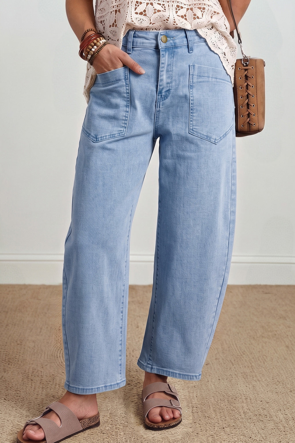 Color Square Patch Pocket Ankle-length Barrel Jeans