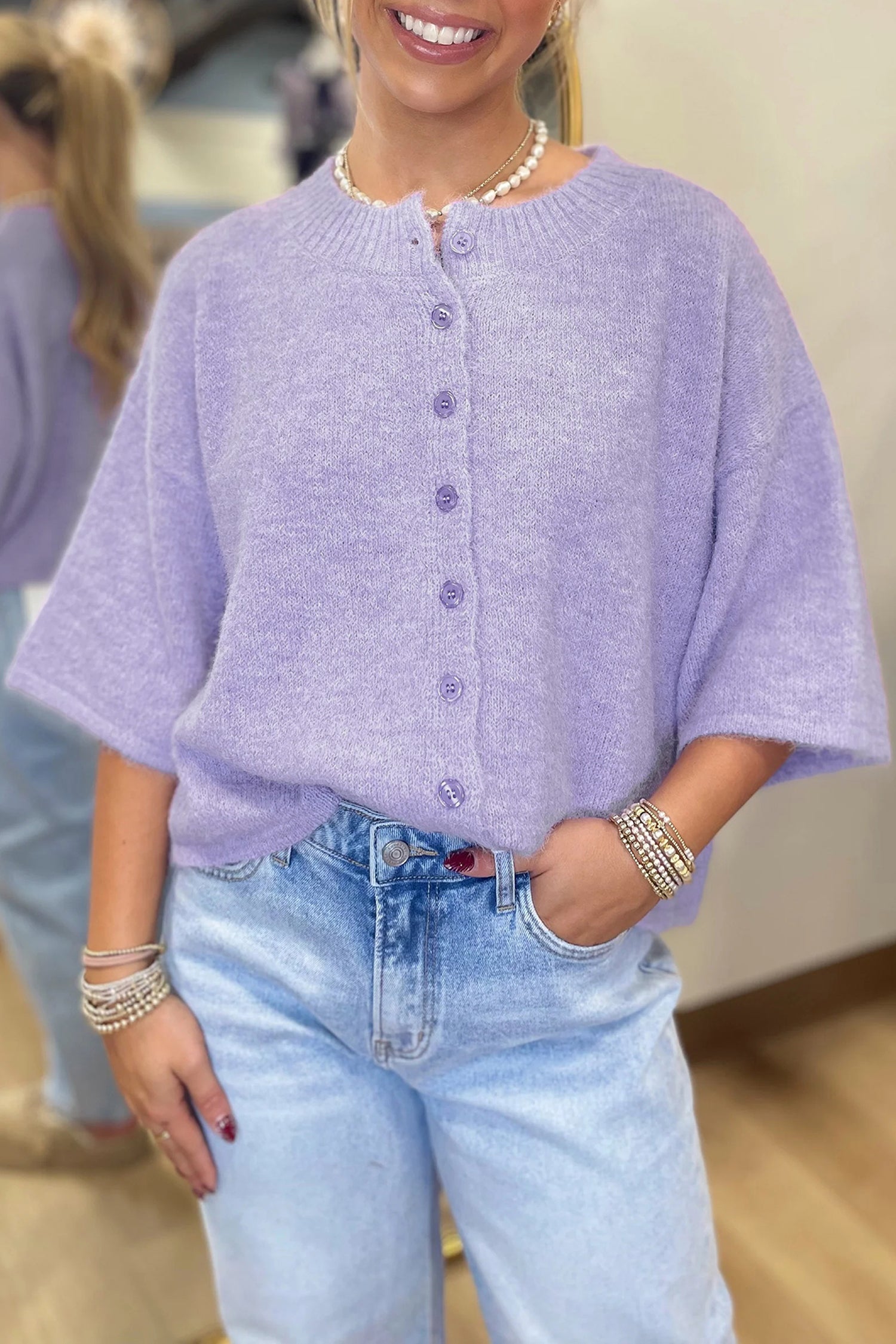 Peach Blossom 3/4 Sleeve Boxy Knit Button Down Sweater Cardigan