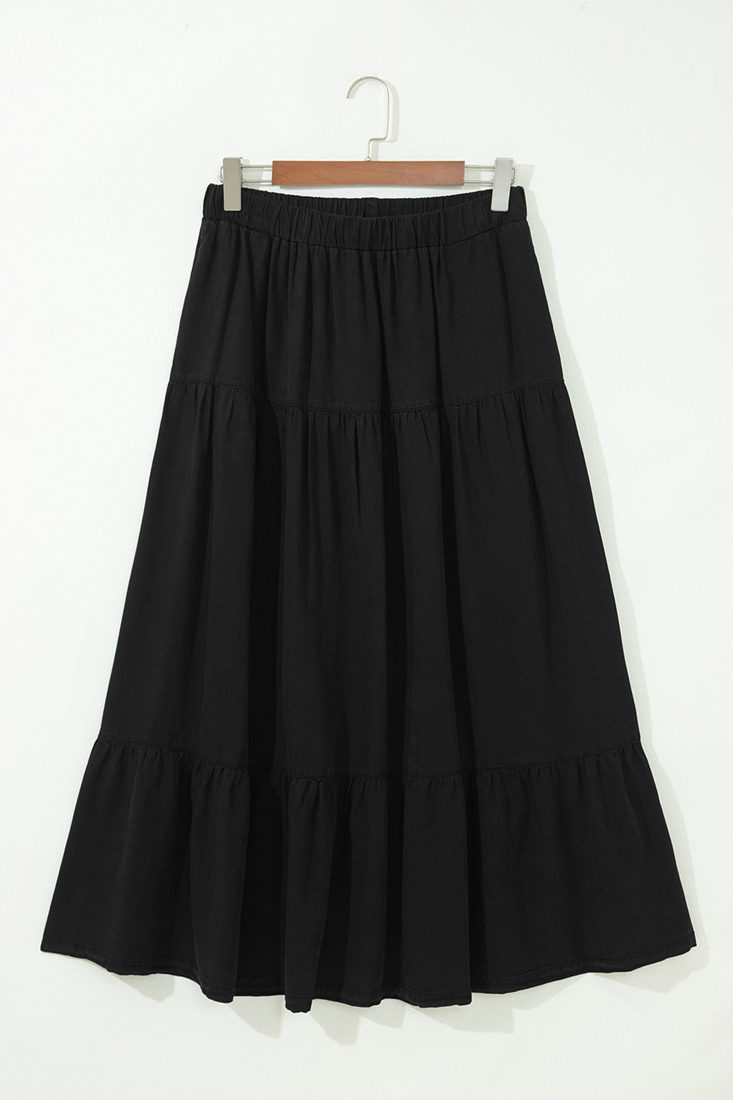Black Elastic Waist Ruffled Tiered Flared Denim Maxi Skirt