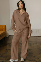 Polo Collar V Neck Pullover and Drawstring Sweatpants Set