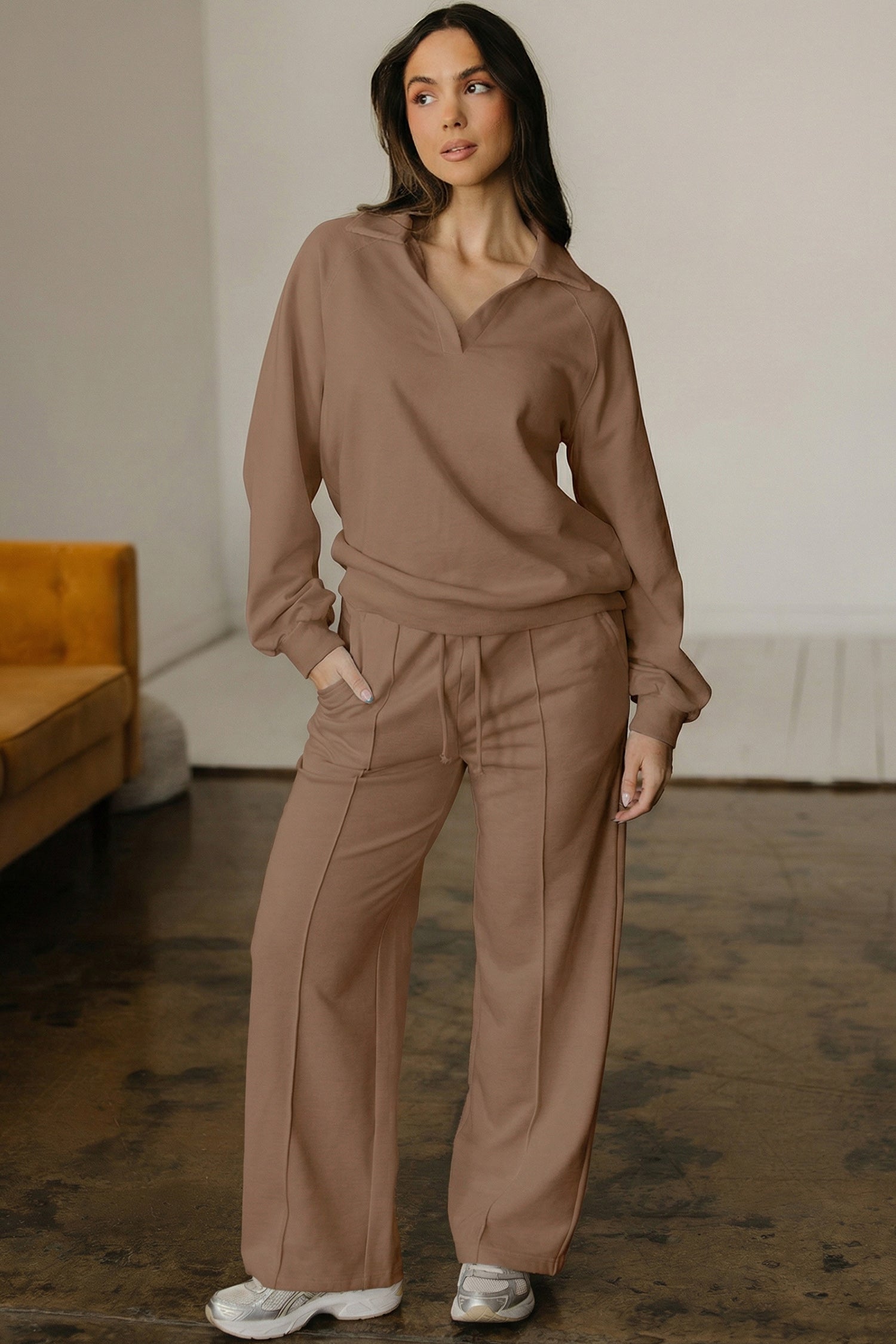 Polo Collar V Neck Pullover and Drawstring Sweatpants Set