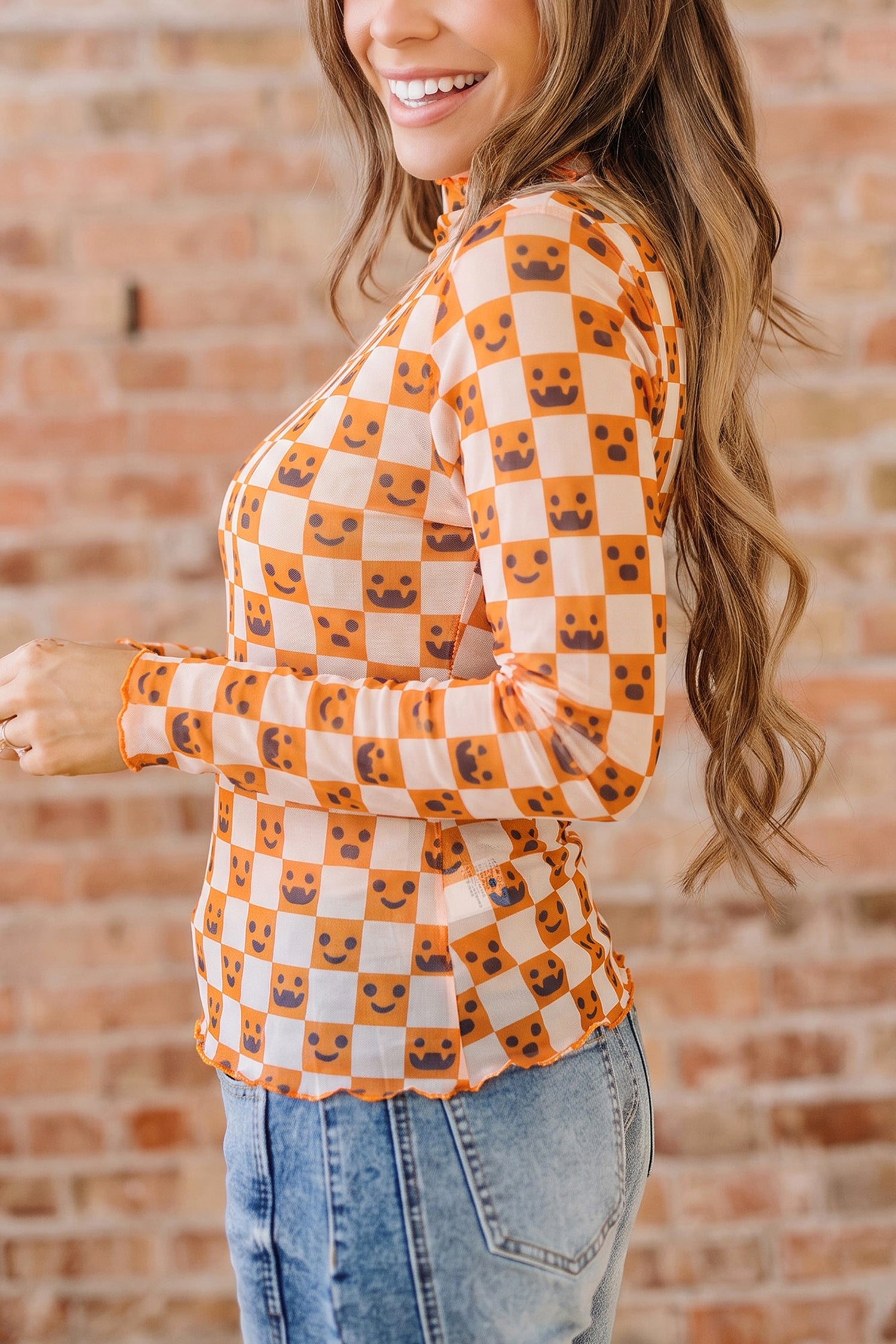 Orange Abstract Halloween Pattern Long Sleeve Stand Neck Shift Blouse