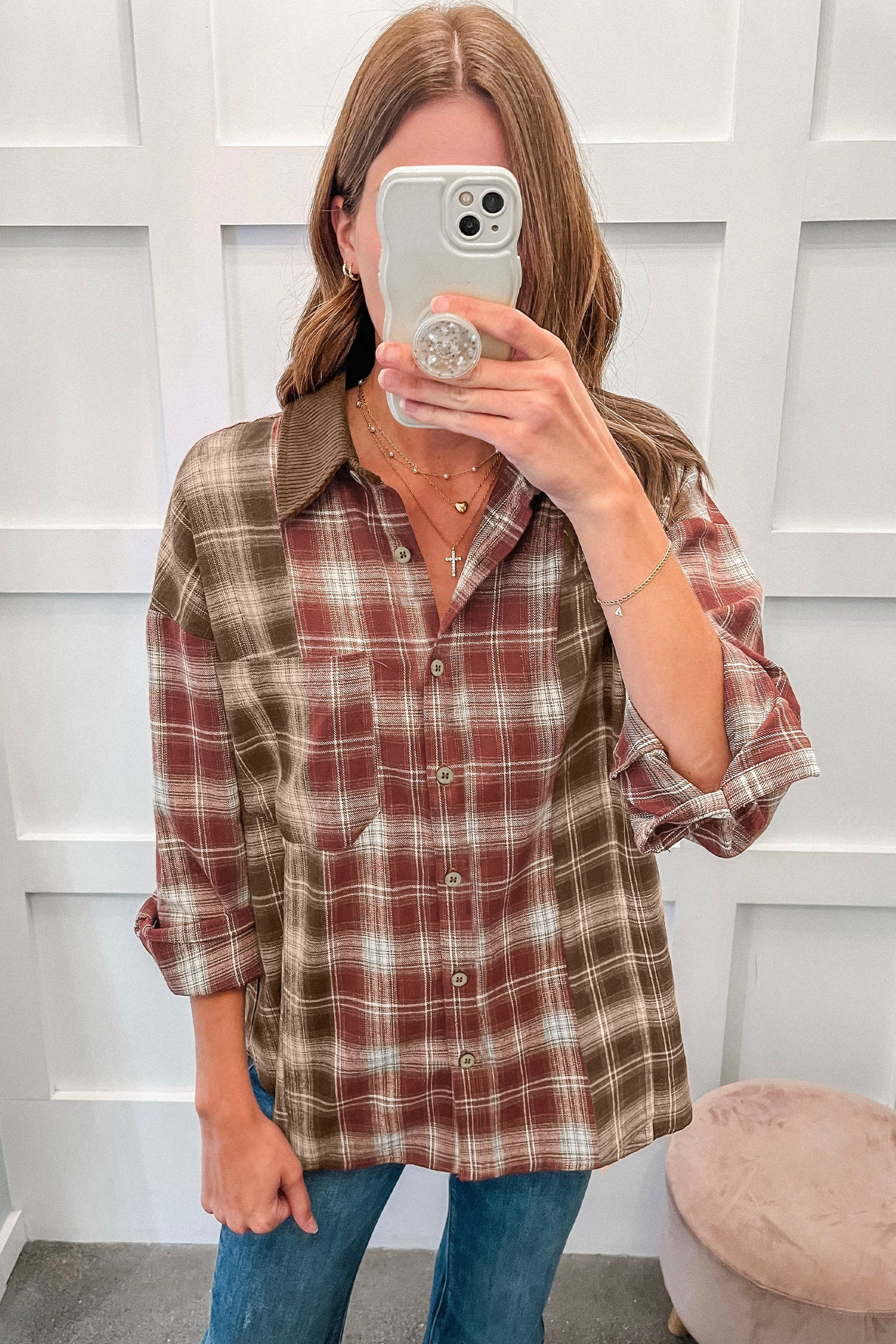 Red Contrast Plaid Long Sleeve Button Down Shirt
