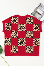 Green Leopard Checkerboard Short Sleeve Knit Sweater