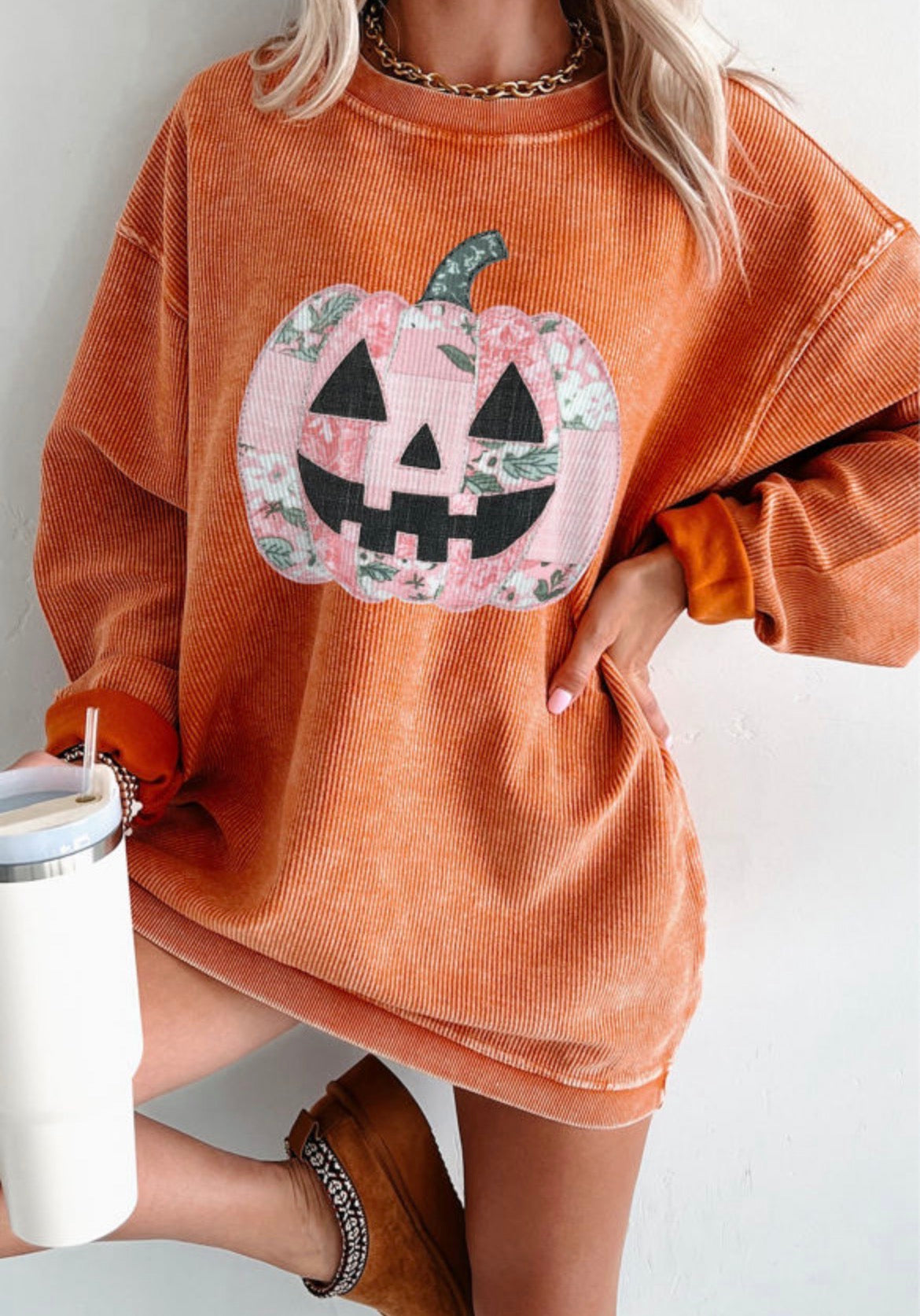 PreOrder: Orange Patchwork Pumpkin Graphic Corded Ribbed Round Neck Tunic Sweatshirt