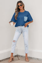 Sail Blue Color Block Chest Pocket Patched Casual Short Sleeve Top