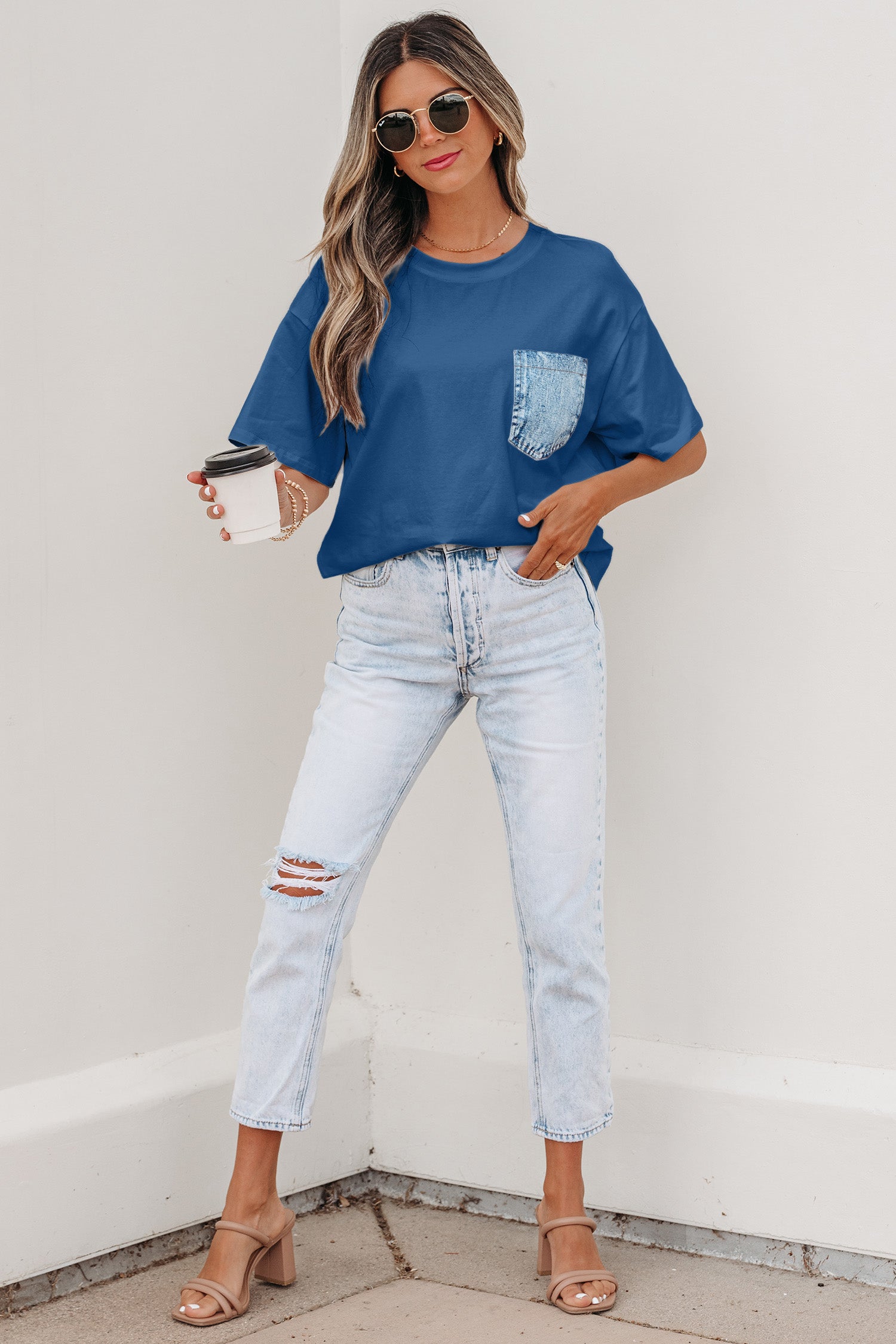 Sail Blue Color Block Chest Pocket Patched Casual Short Sleeve Top