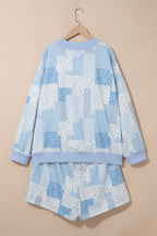 Sky Blue Patchwork Floral Print Stand Neck Long Sleeve Two-piece Outfit Plus Size Set