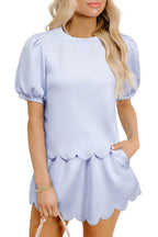 Puff Sleeve Pearl Embellished Scallop Trim Top 2 Piece Skort Set