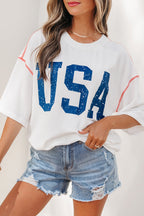 Fiery Red USA Graphic Half Sleeve Loose Ribbed Top